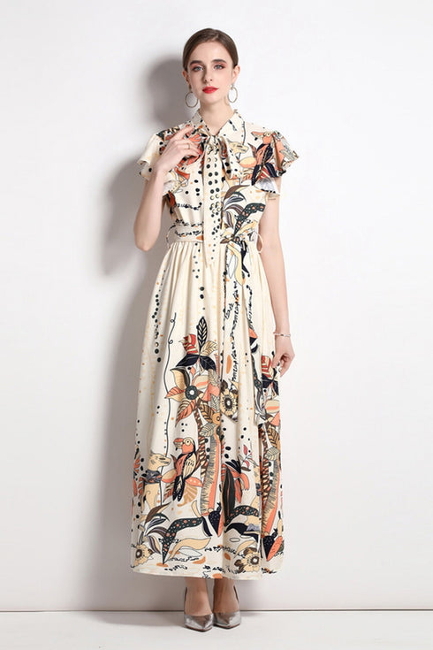 Runway Fashion Elegant Floral Print, Bow Neck, Big Swing Vintage Long Maxi Dress